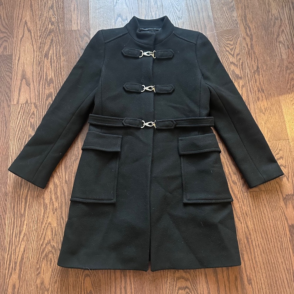 Zara Black Wool Blend Funnel Neck Coat Metal Clasp Belted Military Style Large